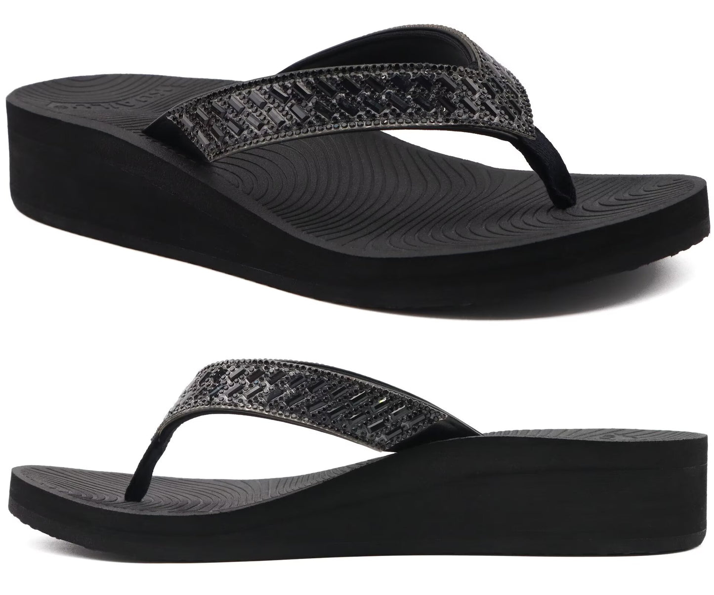 KuaiLu Womens Dressy Rhinestone Platform Flip Flops Trendy Comfortable Arch Support Cushion Walking Thong Sandals Yoga Foam Low Wedge Slippers Summer Pool Beach