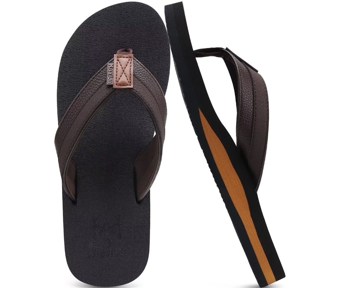 KuaiLu Men's Yoga Mat Leather Flip Flops with Arch Support Comfortable Cushion Walking Thong Sandals Slip On Indoor Outdoor