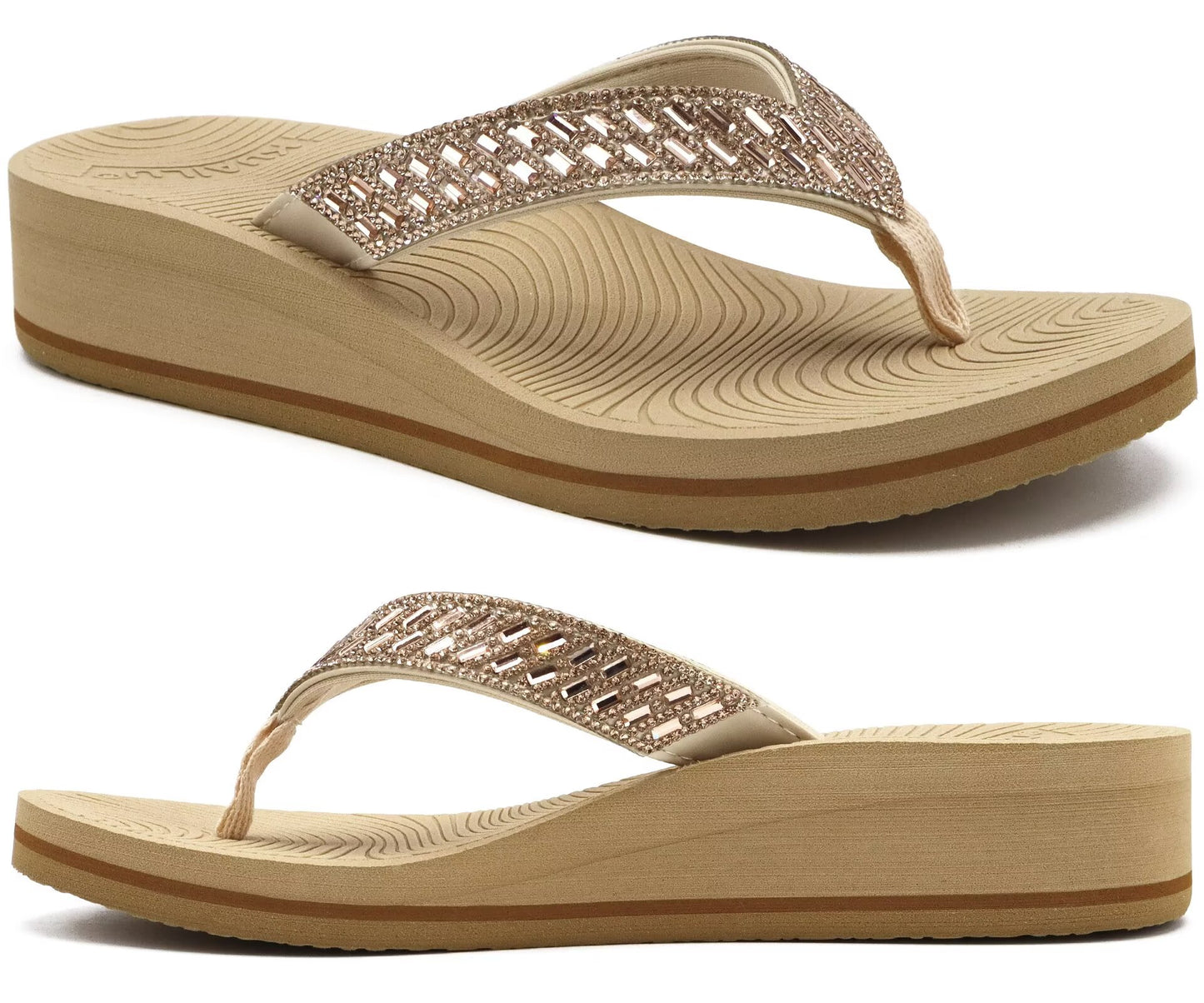 KuaiLu Womens Dressy Rhinestone Platform Flip Flops Trendy Comfortable Arch Support Cushion Walking Thong Sandals Yoga Foam Low Wedge Slippers Summer Pool Beach