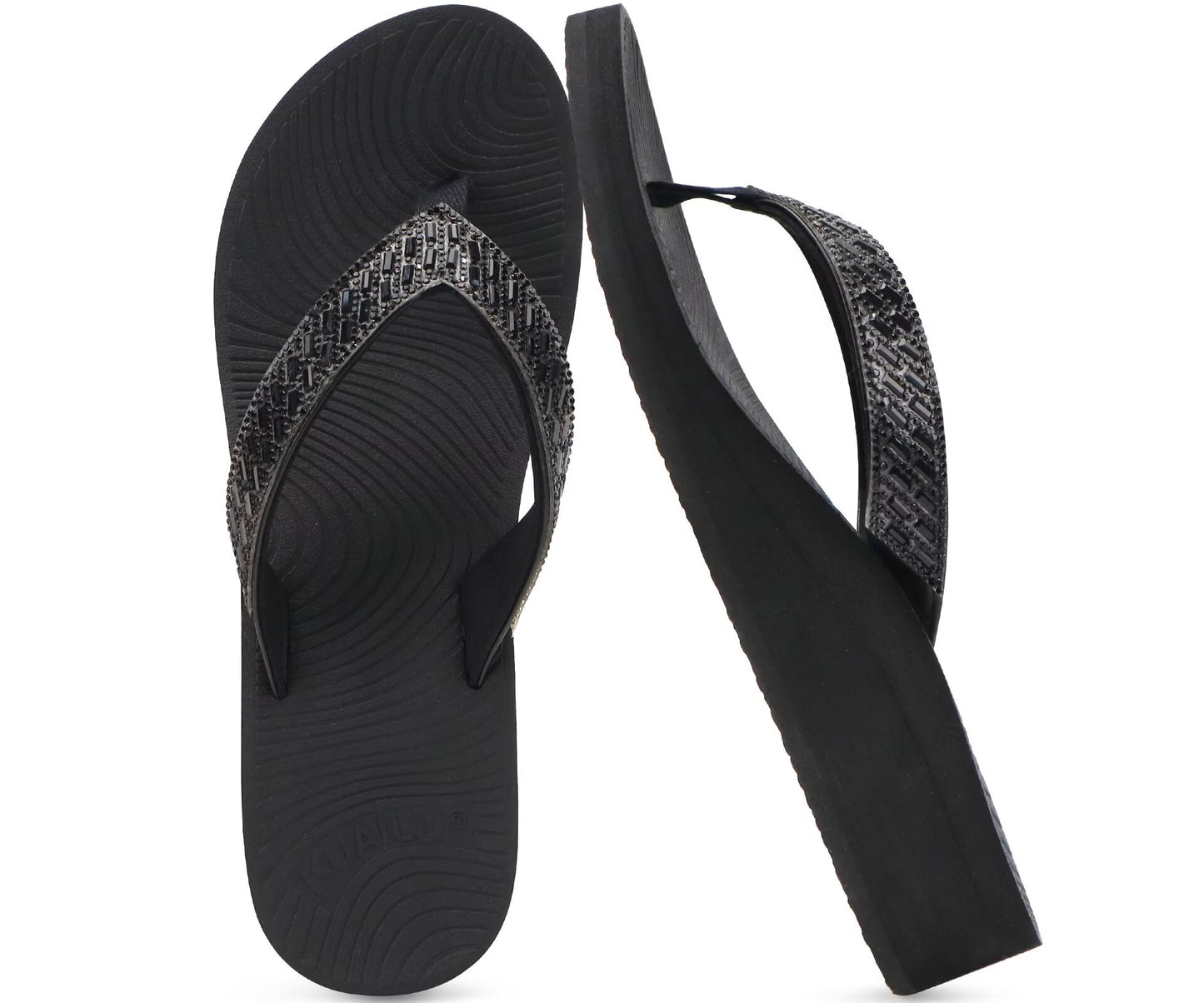 KuaiLu Womens Dressy Rhinestone Platform Flip Flops Trendy Comfortable Arch Support Cushion Walking Thong Sandals Yoga Foam Low Wedge Slippers Summer Pool Beach