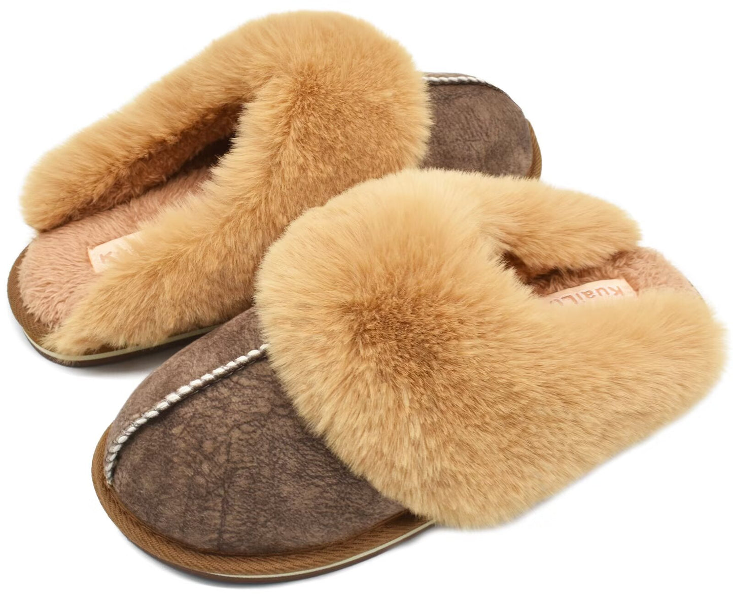 KuaiLu Womens Fluff Dual Memory Foam Slippers Ladies Cozy Arch Support Warm Scuff Slippers Slip on Comfy Winter House Shoes with Non-Slip Indoor Outdoor Hard Sole