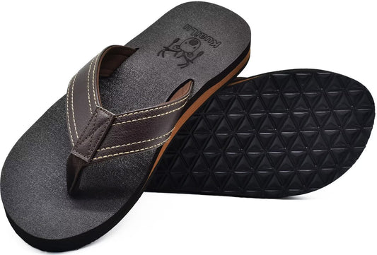 KuaiLu Men's Yoga Mat Leather Flip Flops with Arch Support Comfortable Cushion Walking Thong Sandals Slip On Indoor Outdoor